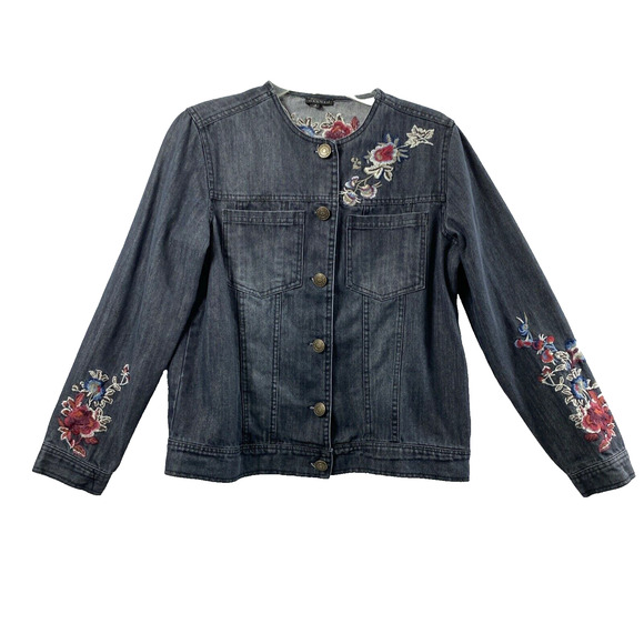Hannah‎ Jean Jacket Womens Small Black Denim Floral Embroidered Button Down - Picture 1 of 15